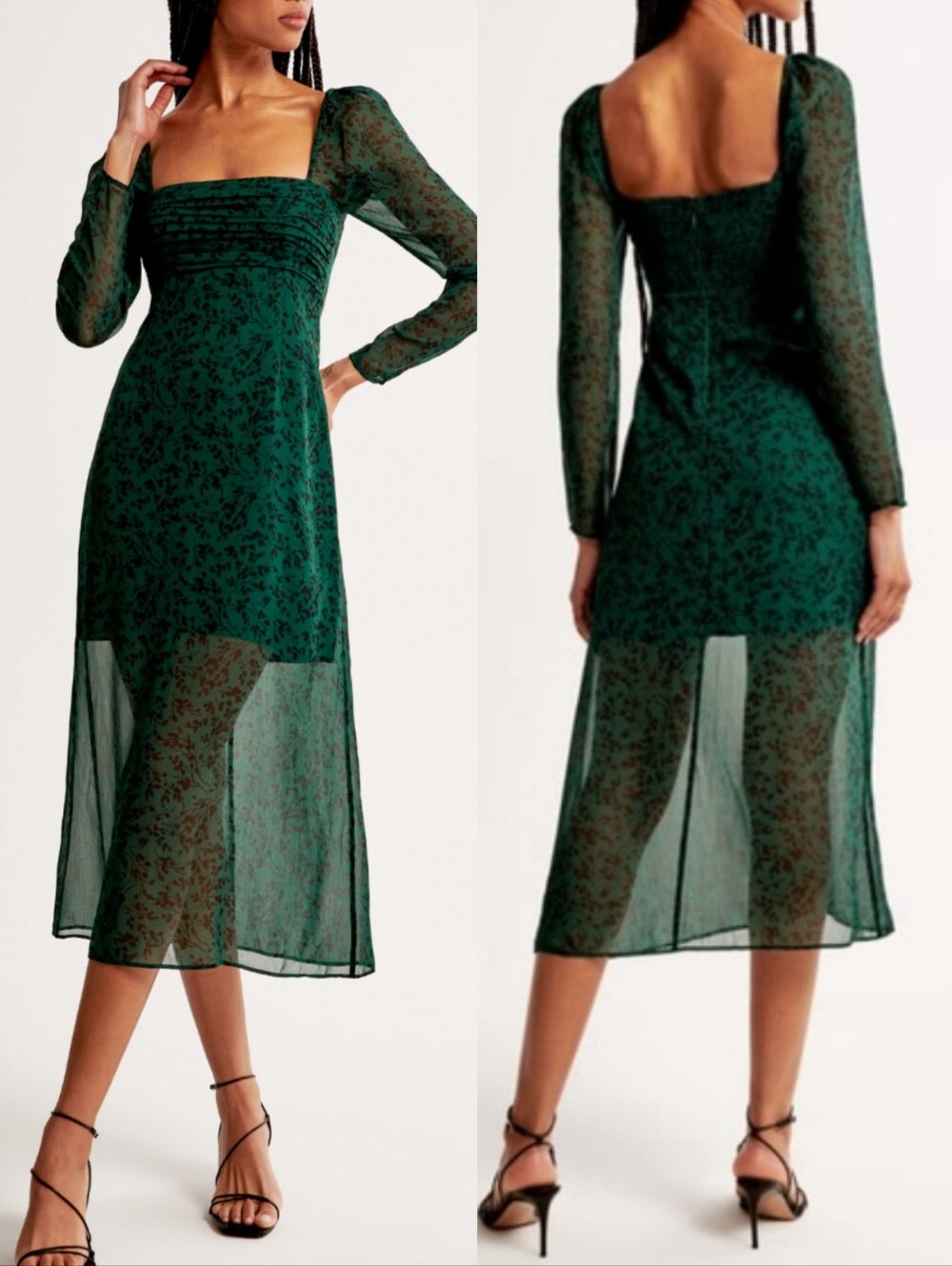 Abercrombie & Fitch Emerson Chiffon Long-sleeve Midi Dress Size Large Green